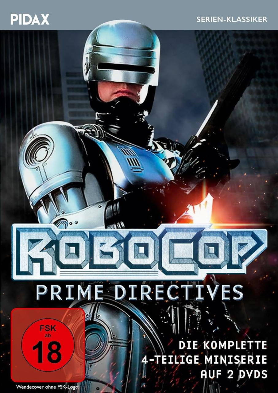 RoboCop hält eine Waffe. Auf der DVD-Hülle steht 'RoboCop Prime Directives'. Die Altersfreigabe ist '18'.
