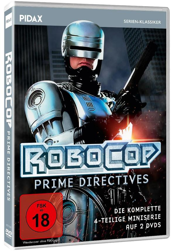 DVD-Hülle für Robocop: Prime Directives. Robocop hält eine Waffe. Der Titel ist prominent, und eine 18+-Bewertung ist sichtbar.