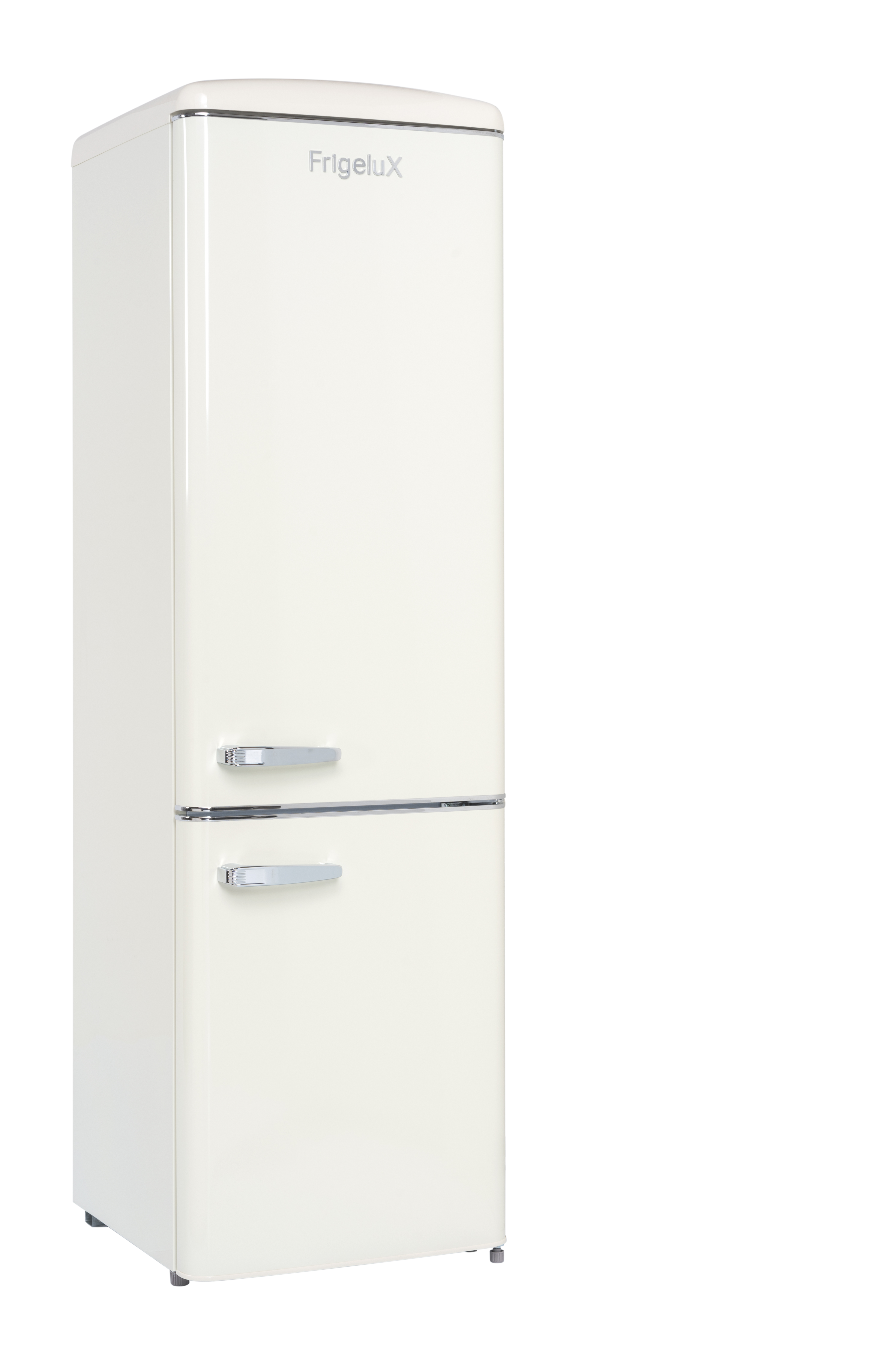 Ein cremefarbener Kühlschrank mit zwei Türen und silbernen Griffen. Der Markenname FrigeluX ist sichtbar.