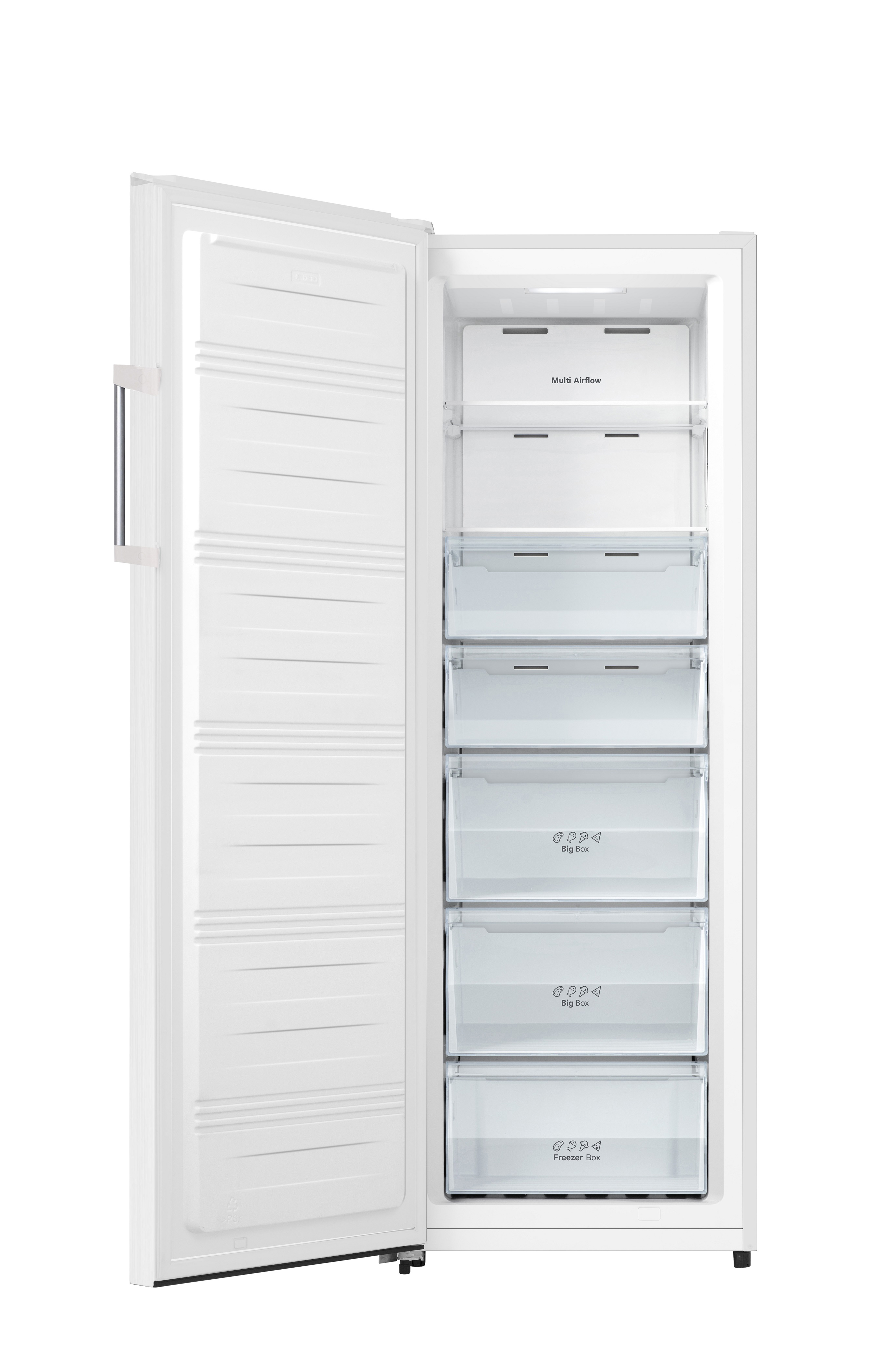 Weißer, offener Gefrierschrank. Im Inneren befinden sich transparente Schubladen mit der Aufschrift Big Box und Freezer Box.