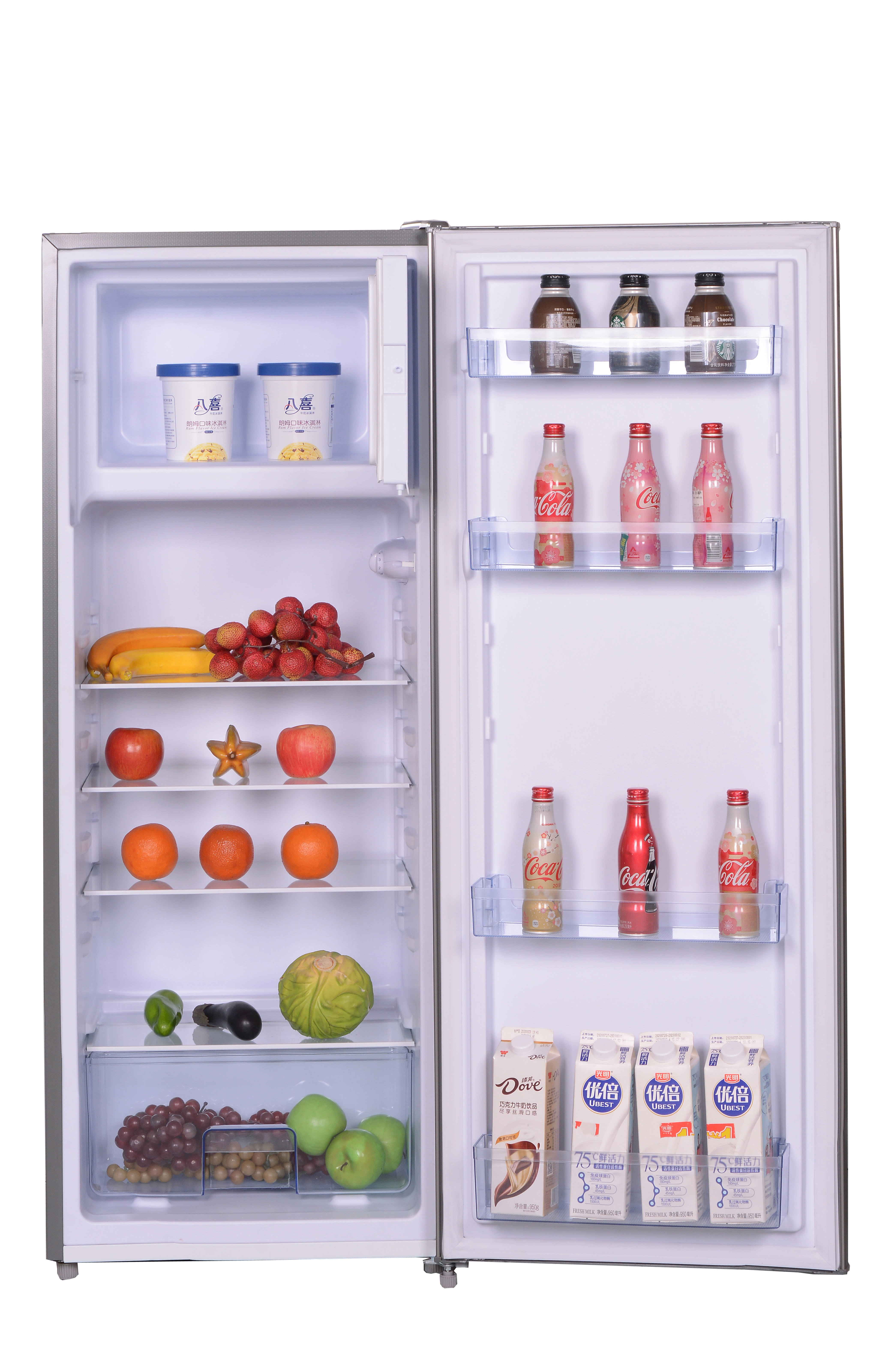 Kühlschrank mit Essen: Getränke, Obst und Gemüse. Enthält Eiscreme, Äpfel, Orangen, Trauben und Milchkartons.