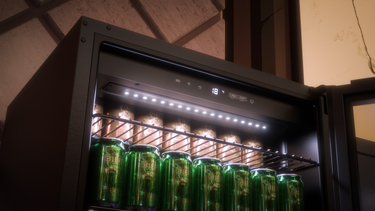 Ein Kühlschrank voller Bierdosen. Die Temperatur beträgt 18 Grad. Grüne Dosen vorne und braune Dosen hinten.
