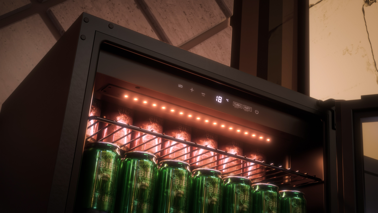 Ein Kühlschrank mit grünen Bierdosen. Die Anzeige zeigt 18 Grad. Der Kühlschrank ist schwarz mit LED-Leuchten.
