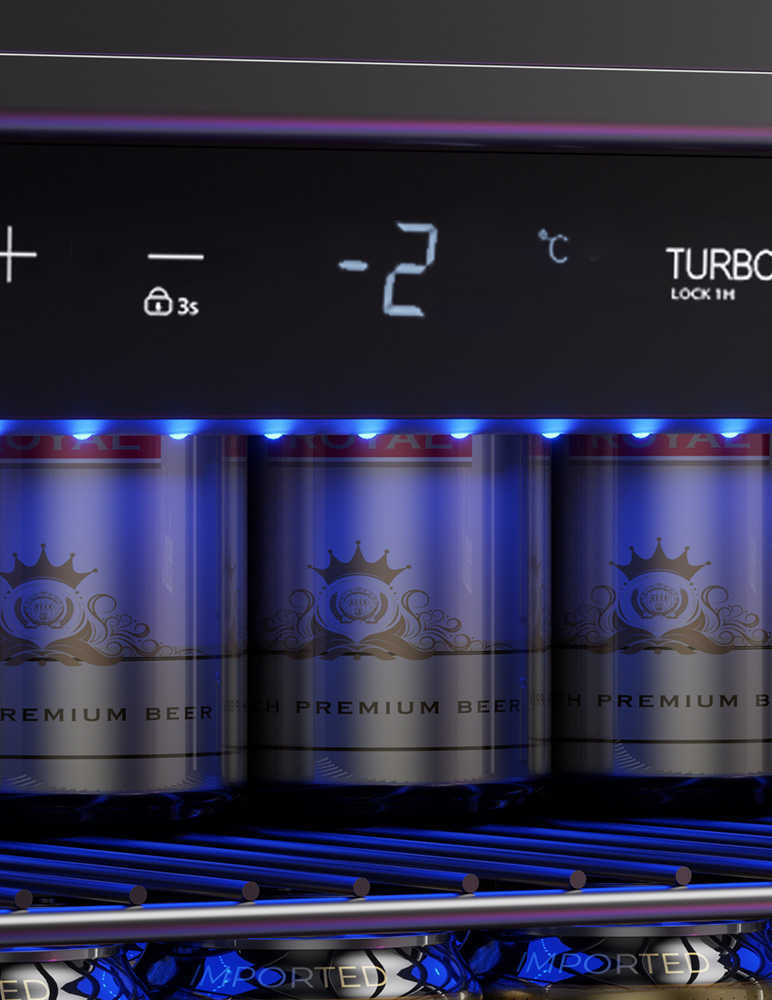 Innenraum eines Kühlschranks mit Bierdosen. Digitalanzeige zeigt -2 Grad Celsius. Blaue Lichter beleuchten Dosen und Regale.