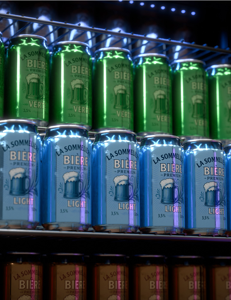 Reihen von Bierdosen in einem Kühler. Grüne 'Vert' und blaue 'Light'-Dosen sind gestapelt. Etiketten zeigen einen Bierkrug.