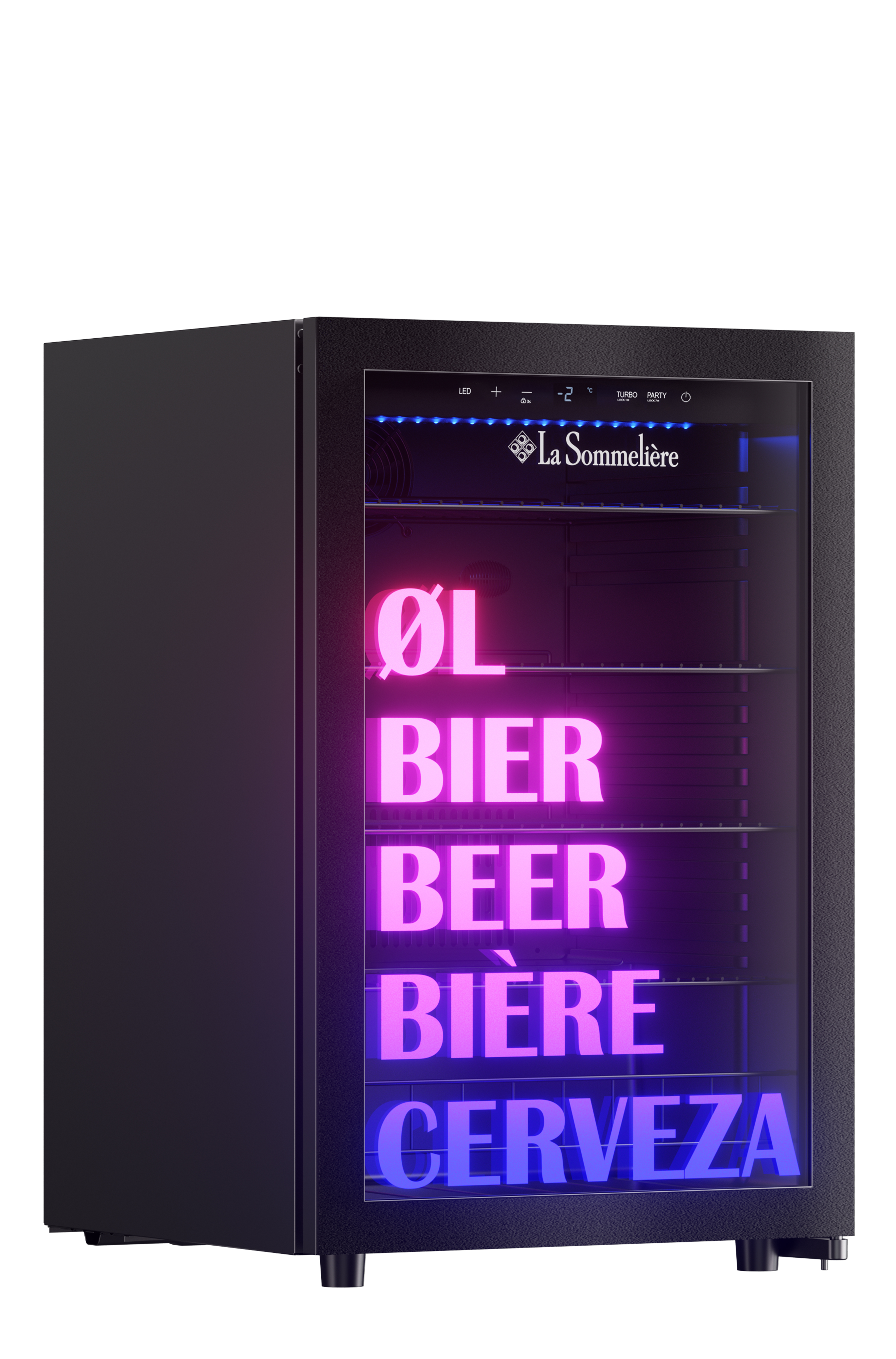 Ein schwarzer Bierkühlschrank mit Glastür, der Biersorten in verschiedenen Sprachen anzeigt, beleuchtet von Neonlichtern.