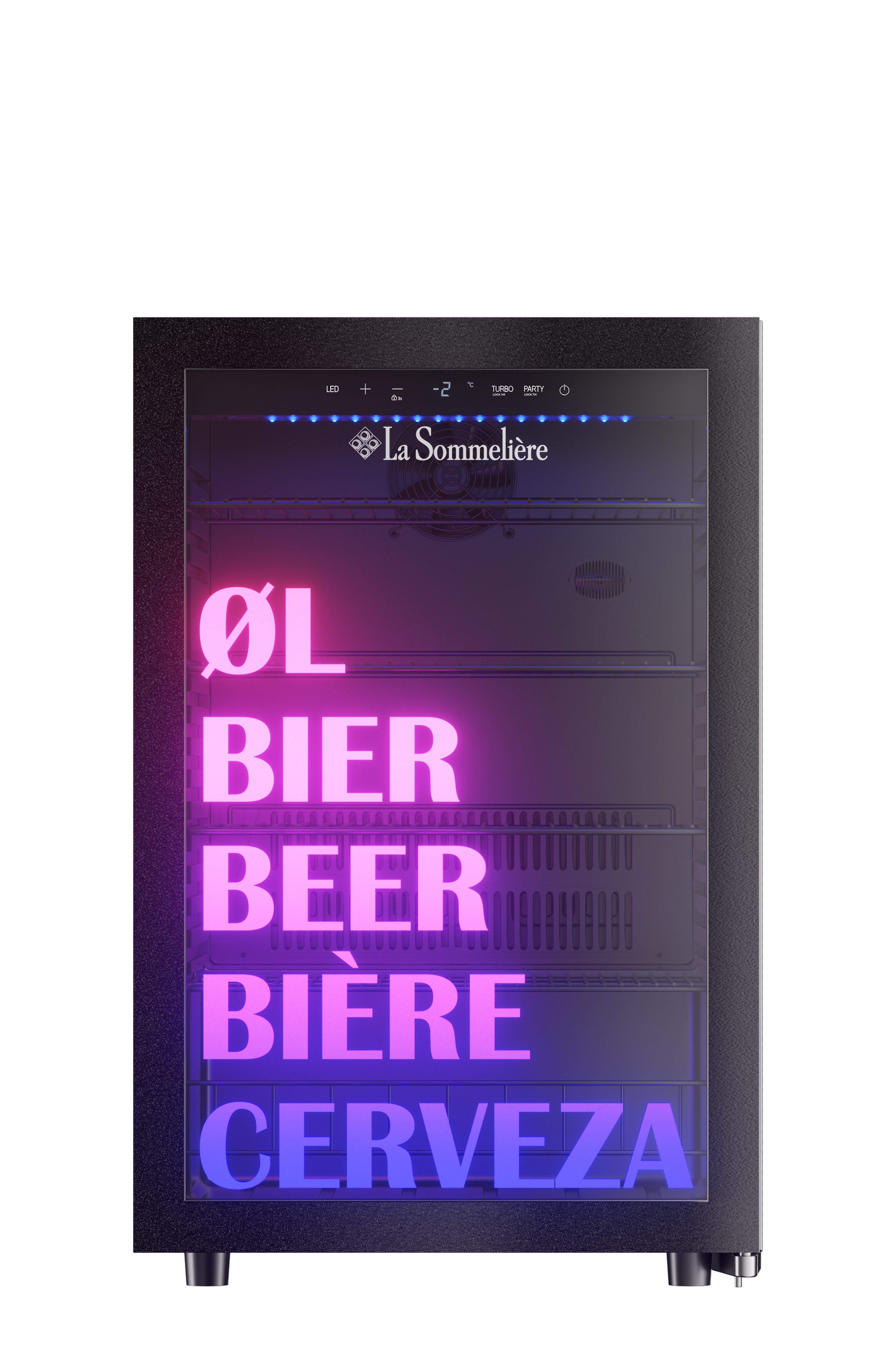 Ein schwarzer Bierkühlschrank zeigt Temperaturregler und Etiketten. Er hat ØL, BIER, BEER, BIÈRE und CERVEZA in Neon.