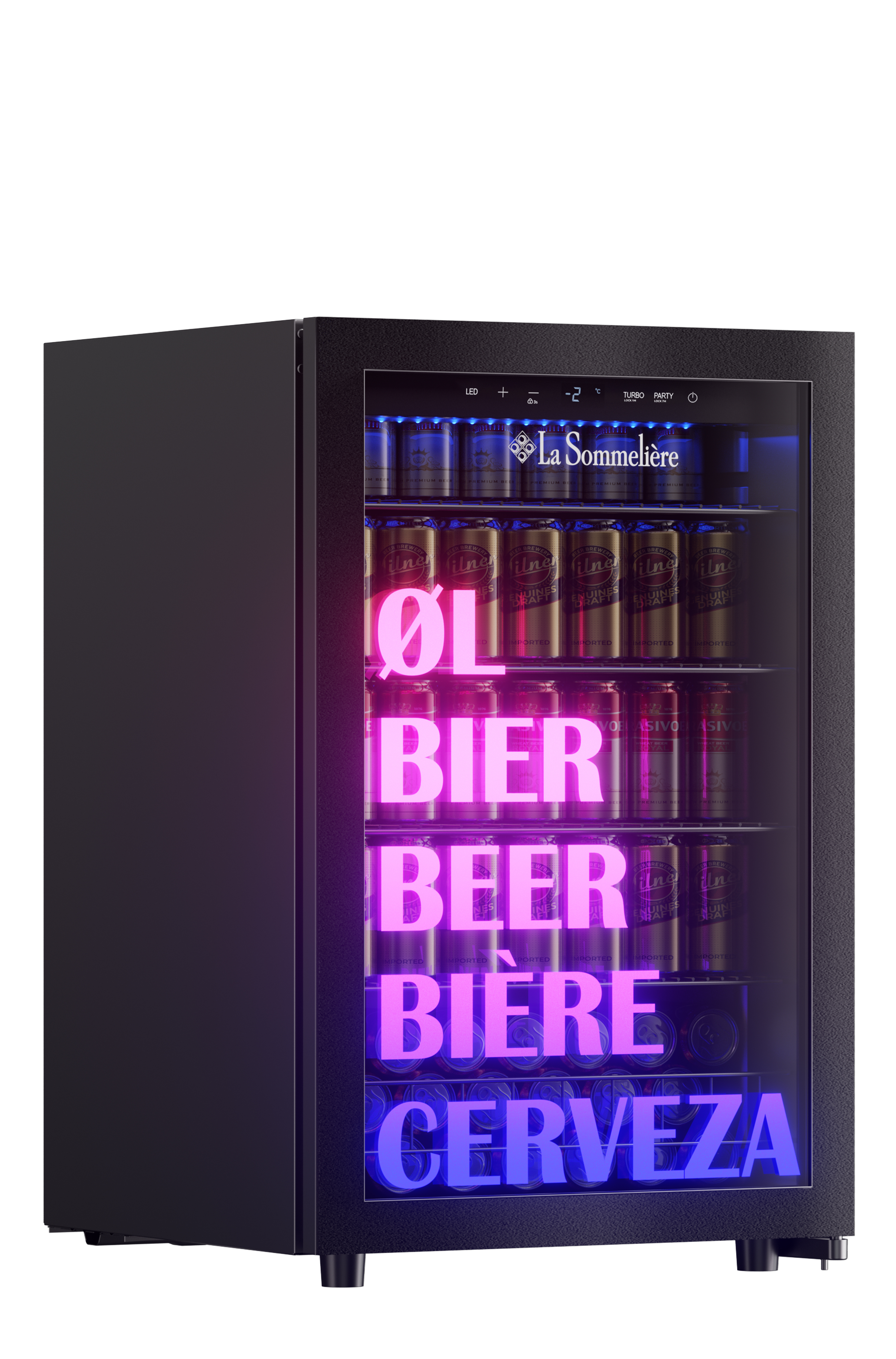 Ein schwarzer Bierkühlschrank mit Glastür. Im Inneren sind mehrere Bierdosen zu sehen. Neonwörter buchstabieren 'ØL', 'BEER', 'BIERE' und 'CERVEZA'.
