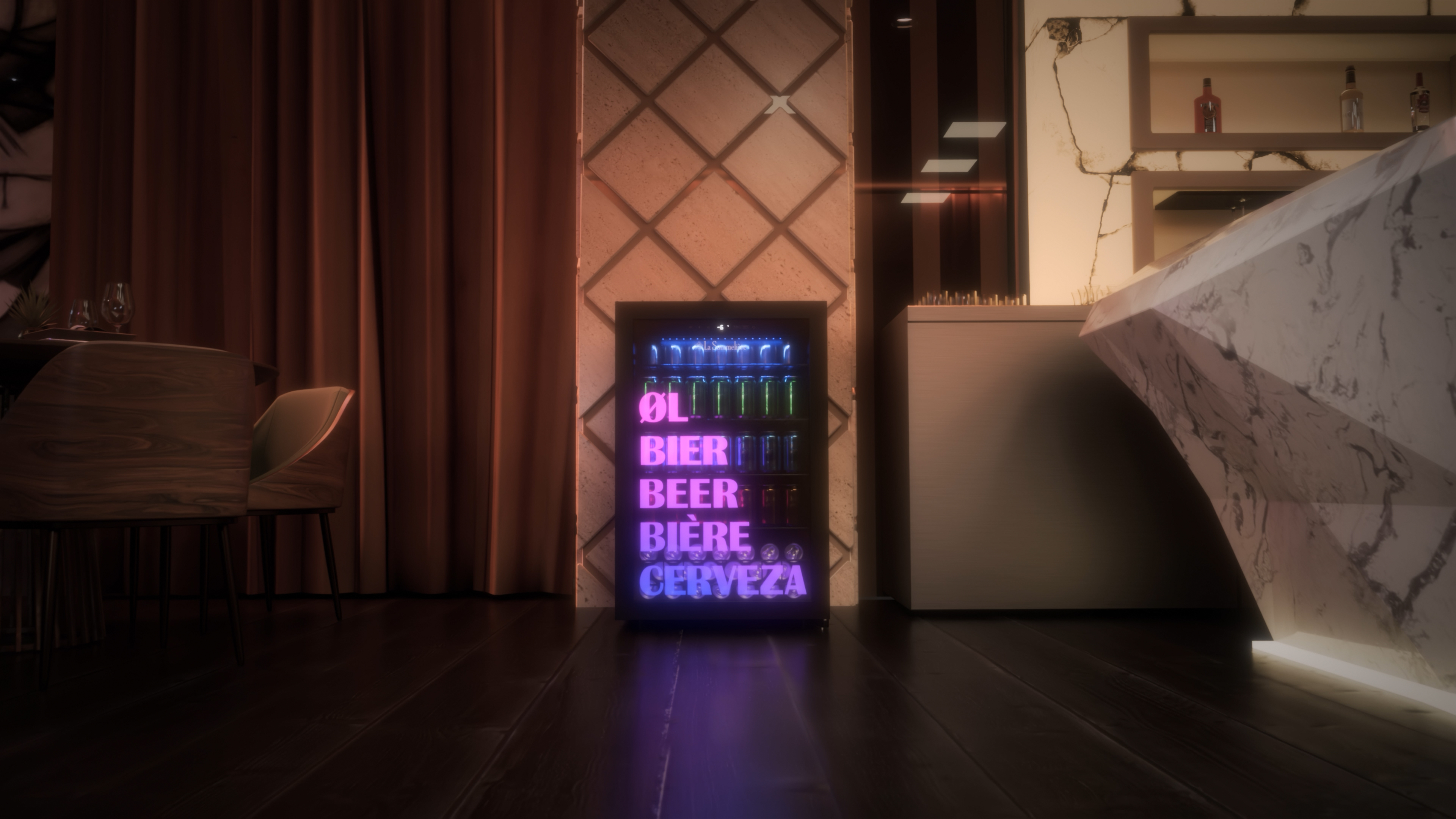 Eine Barszene mit einem Bierkühler mit Biernamen in mehreren Sprachen, einer Marmortheke, Stühlen und einem Holzboden.