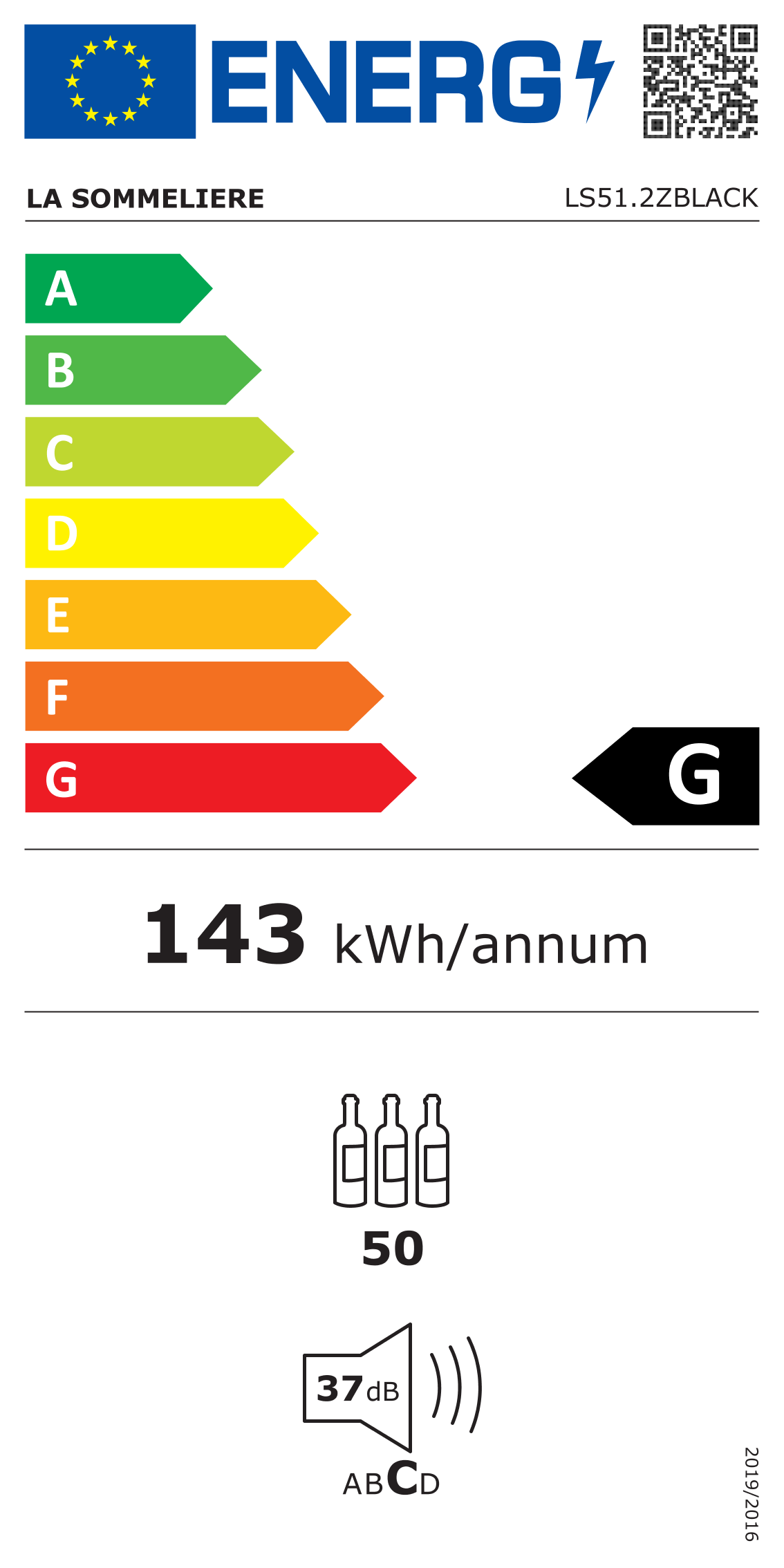 Energielabel. Zeigt Energieeffizienzklasse G. Zeigt Energieverbrauch, Flaschenkapazität und Geräuschpegel.
