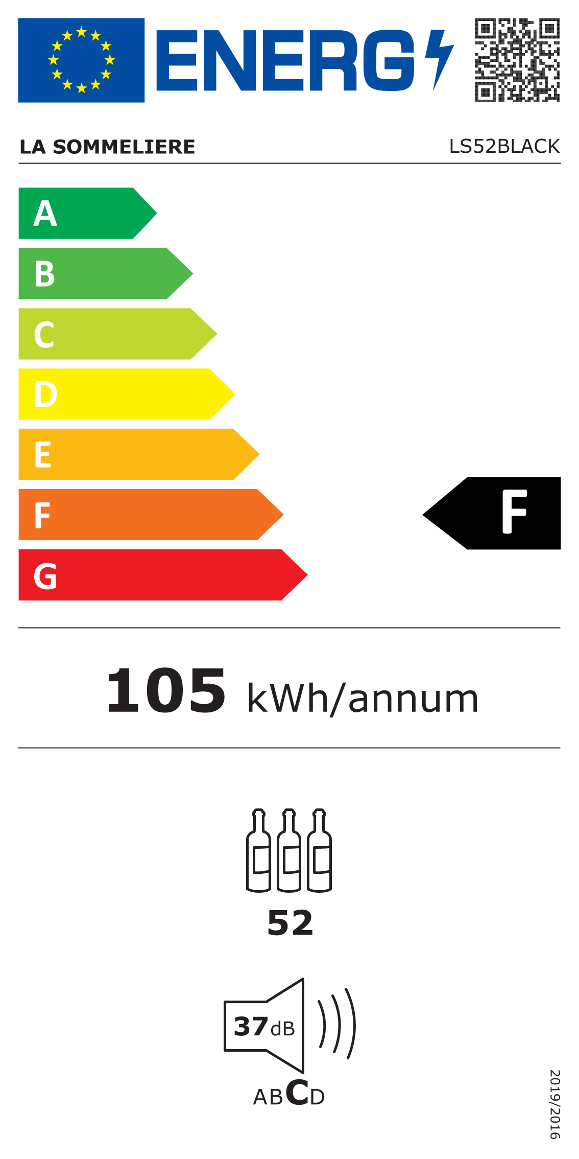 Energielabel zeigt Energieeffizienzklasse F. Es hat eine europäische Flagge, den Markennamen und weitere Produktdetails.