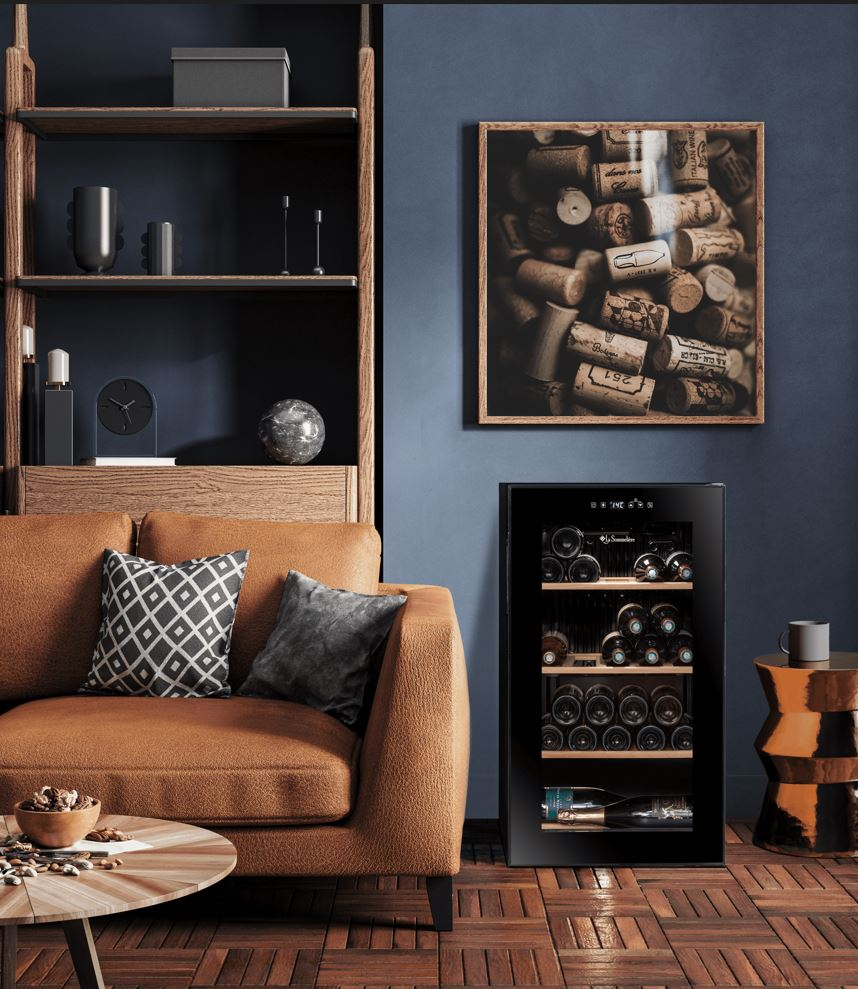 Ein Wohnzimmer mit braunem Sofa, Weinkühler, Holzregalen, Couchtisch und einem Bild von Weinkorken.
