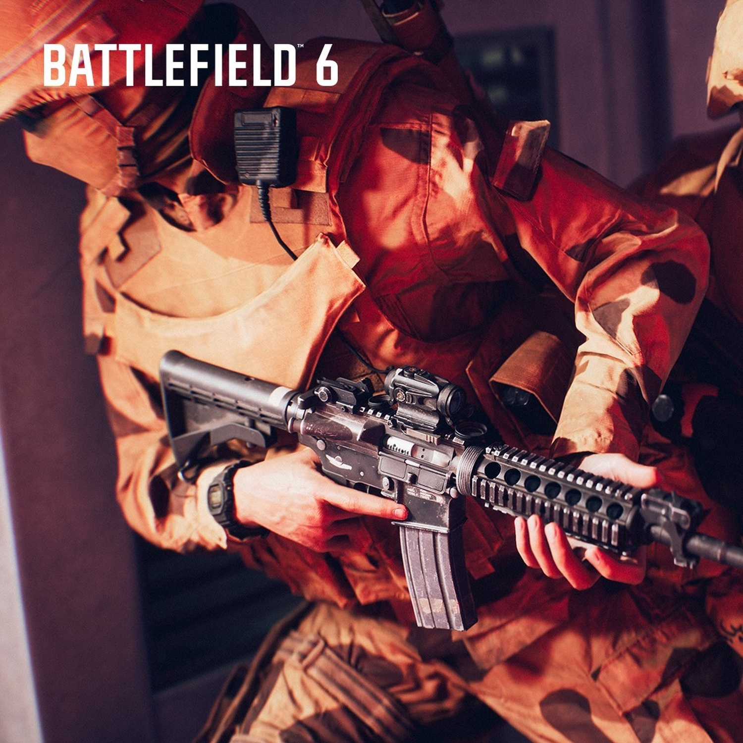 Un soldato in uniforme marrone tiene un fucile. Il logo Battlefield 6 è in alto. Lo sfondo è sfocato e rosso.
