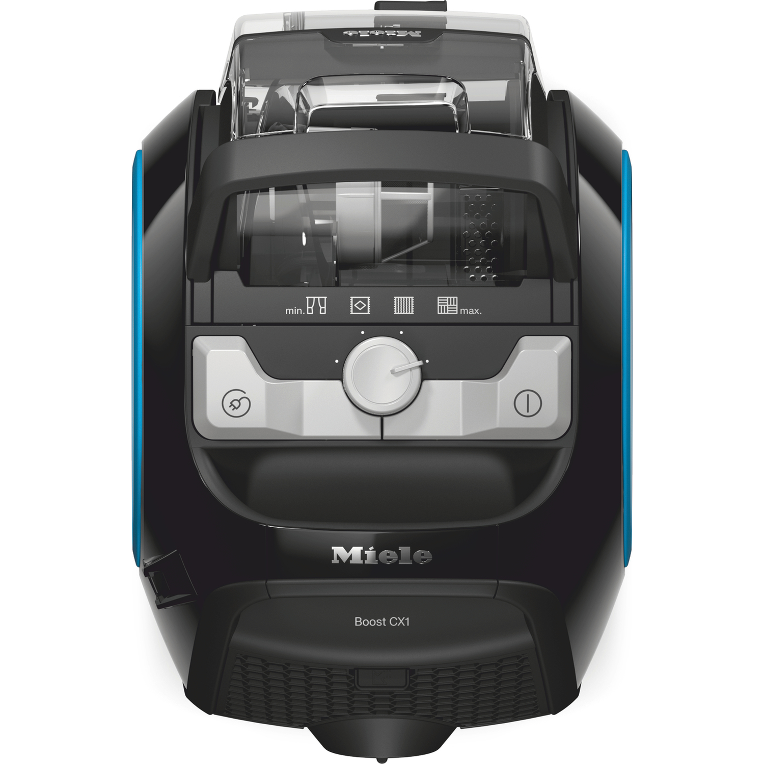 Black Miele Boost CX1 vacuum cleaner. Features blue accents, a transparent dust bin, and control buttons.
