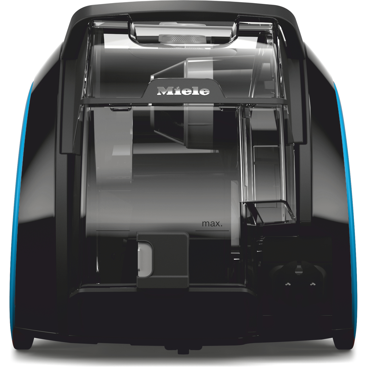 Black and blue Miele vacuum cleaner with a transparent dust container. The word 'Miele' is visible. 'max.' is also printed.