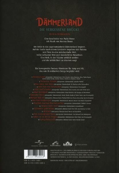 Dunkler Einband mit Text: Dämmerland, Die Vergessene Brücke. Listet eine Geschichte, Songs und Logos.