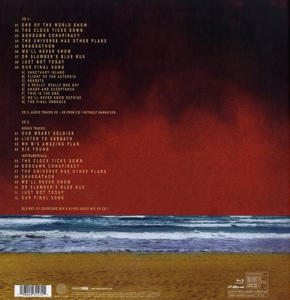 Albumcover mit Songtiteln und Meeresblick. Roter Himmel über blauem Ozean und gelbem Strand. Der Text ist weiß.