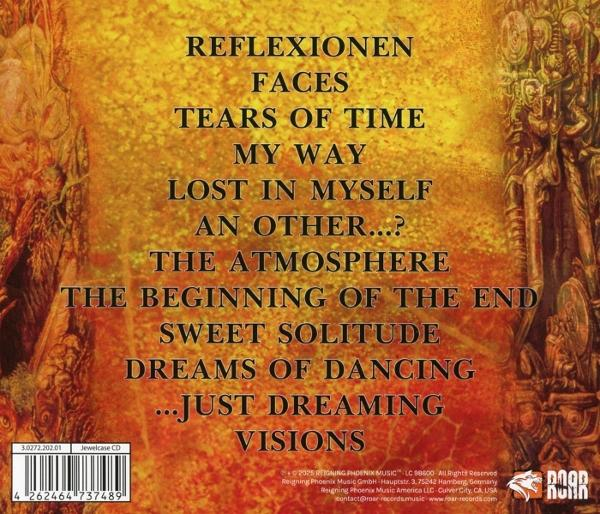 Albumcover mit Text: Reflexionen, Faces, Tears of Time, My Way, Lost in Myself usw. Der Hintergrund ist orange und braun.