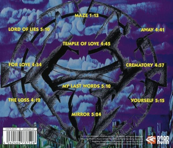 Albumcover mit Songtiteln und -dauern. Hintergrund ist abstrakte Kunst in Lila und Blau mit einem Barcode unten.