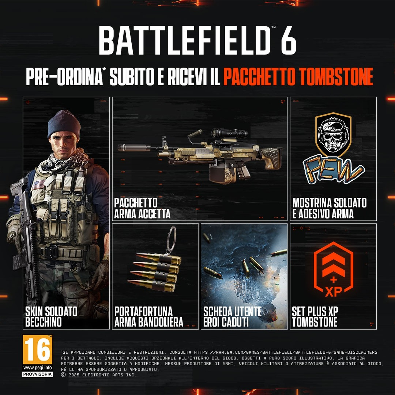 Annuncio di Battlefield 6 con immagine di soldato, arma e oggetti bonus come skin arma, portafortuna e set XP, più logo teschio.