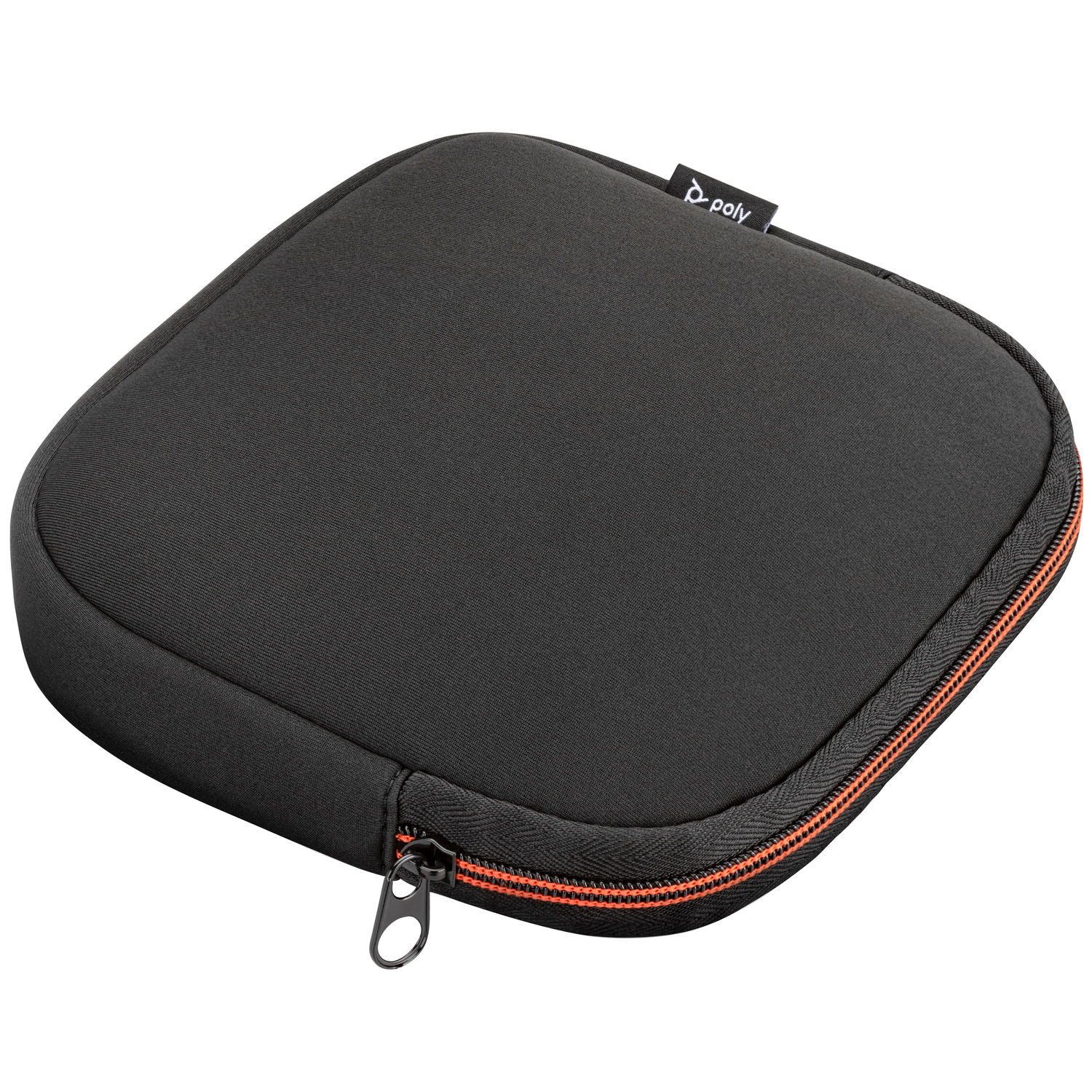 A black, square case with an orange zipper. The case has the 'poly' logo on it.