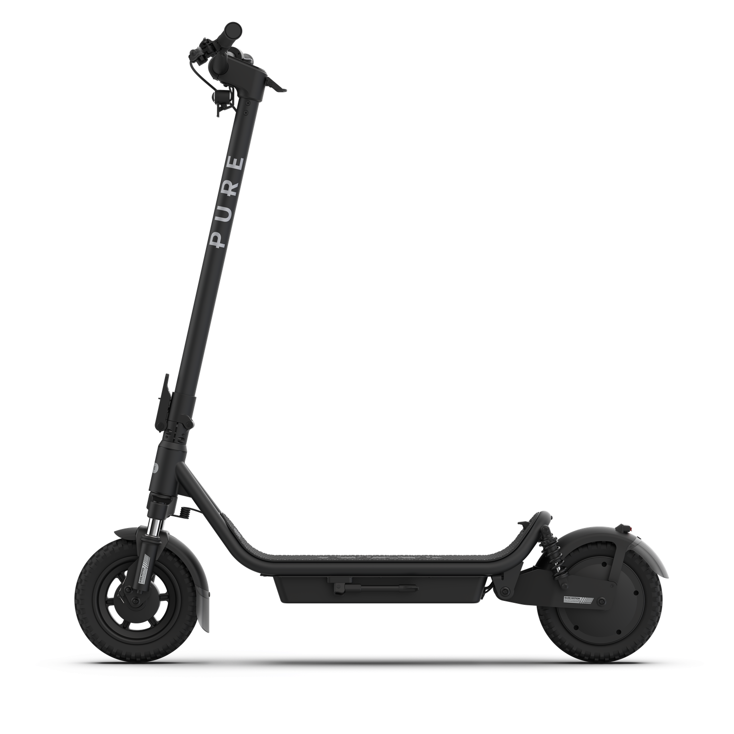 Une trottinette électrique noire est présentée sur fond noir. Le mot 'PURE' est visible sur la tige de la trottinette.