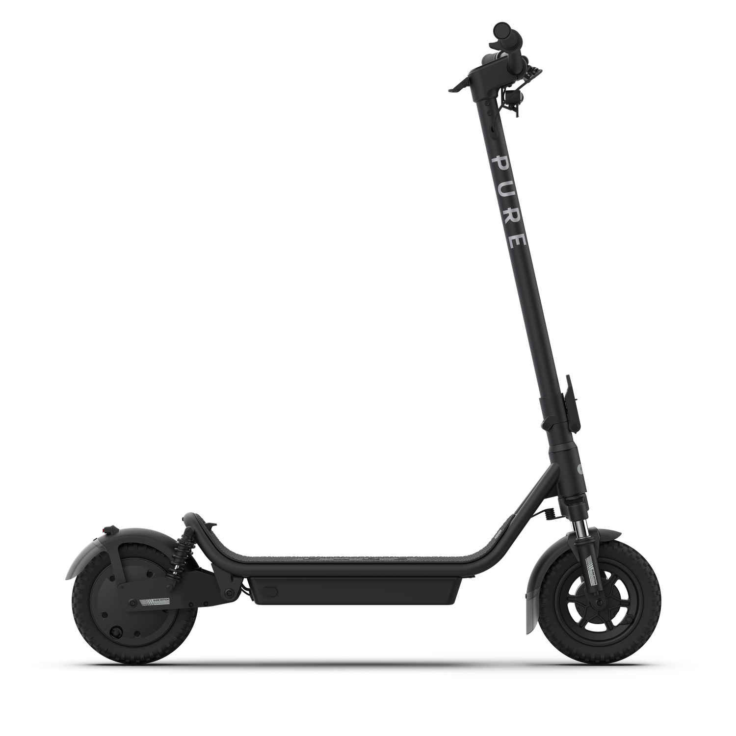 Un scooter électrique noir est présenté sur fond blanc. Le mot "PURE" est visible sur la colonne de direction.