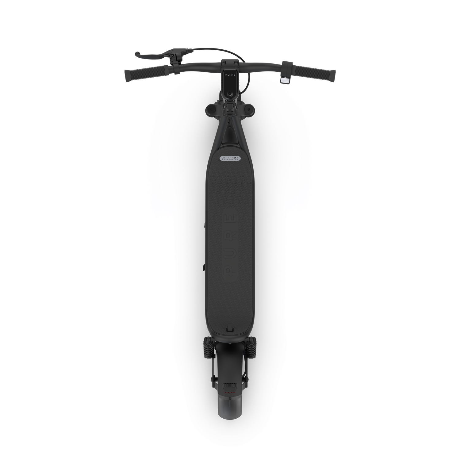 Vue de dessus d'une trottinette électrique noire. La trottinette a un guidon, un marchepied et une roue. Le fond est blanc.