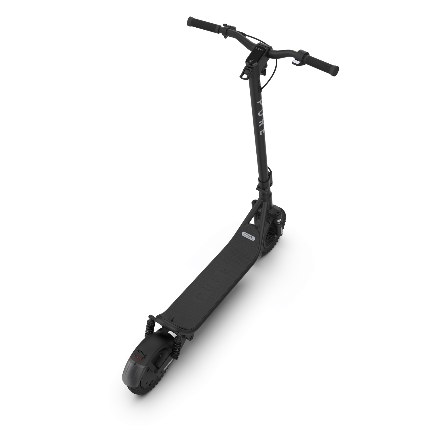 Une trottinette électrique noire sur fond blanc. La trottinette a un guidon, un plateau et deux roues. Le nom de la marque est visible.