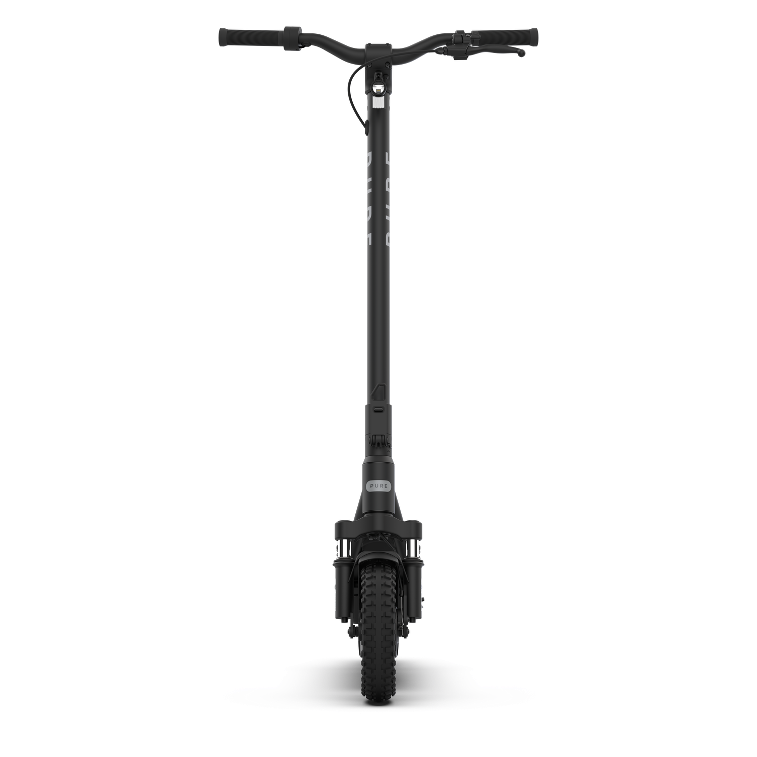 Une trottinette électrique noire est centrée sur un fond noir. Le guidon, la tige et le pneu de la trottinette sont visibles.