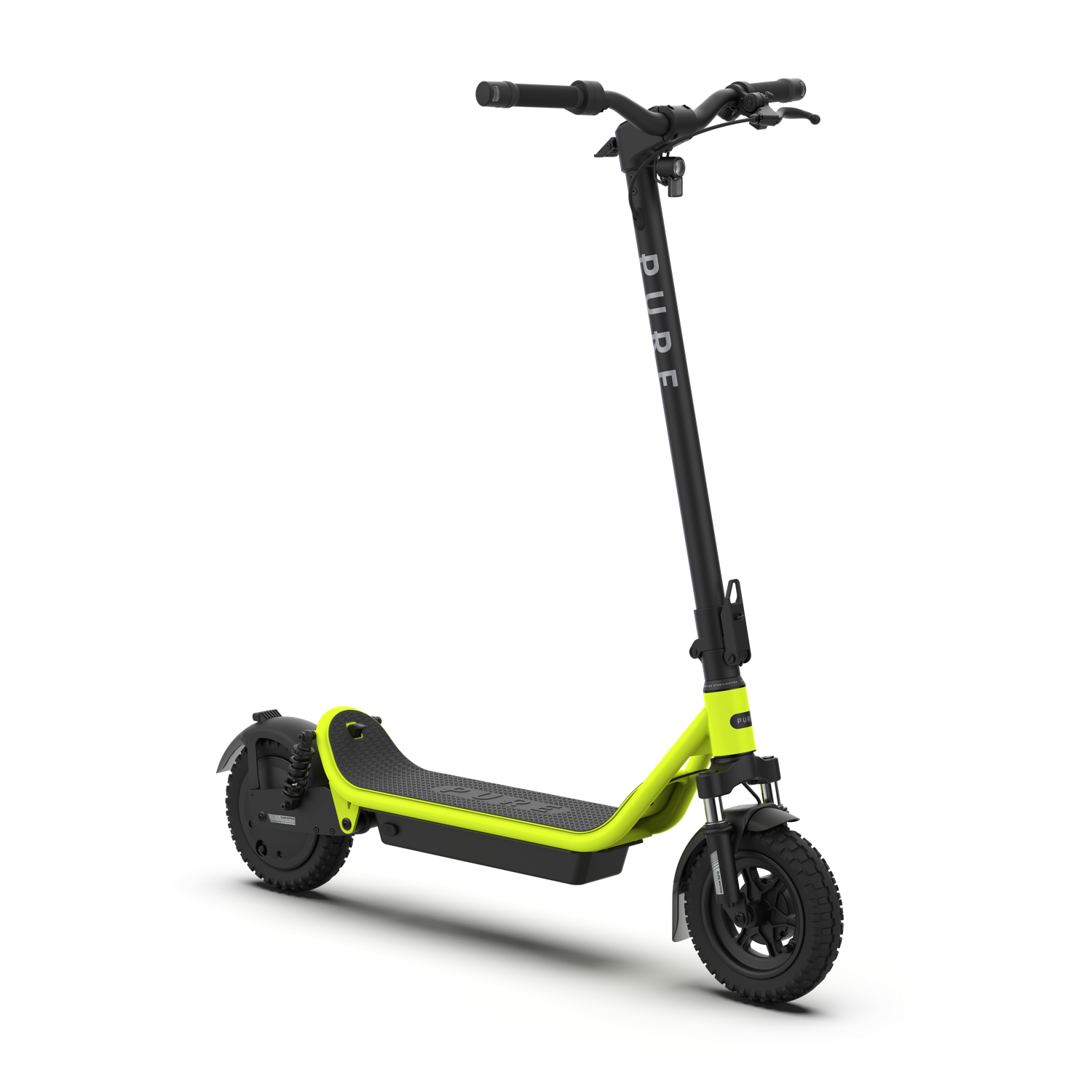 Een neon groene en zwarte elektrische scooter. Het heeft grote zwarte wielen en een zwart stuur. Het woord 'PURE' staat op de stuurkolom.