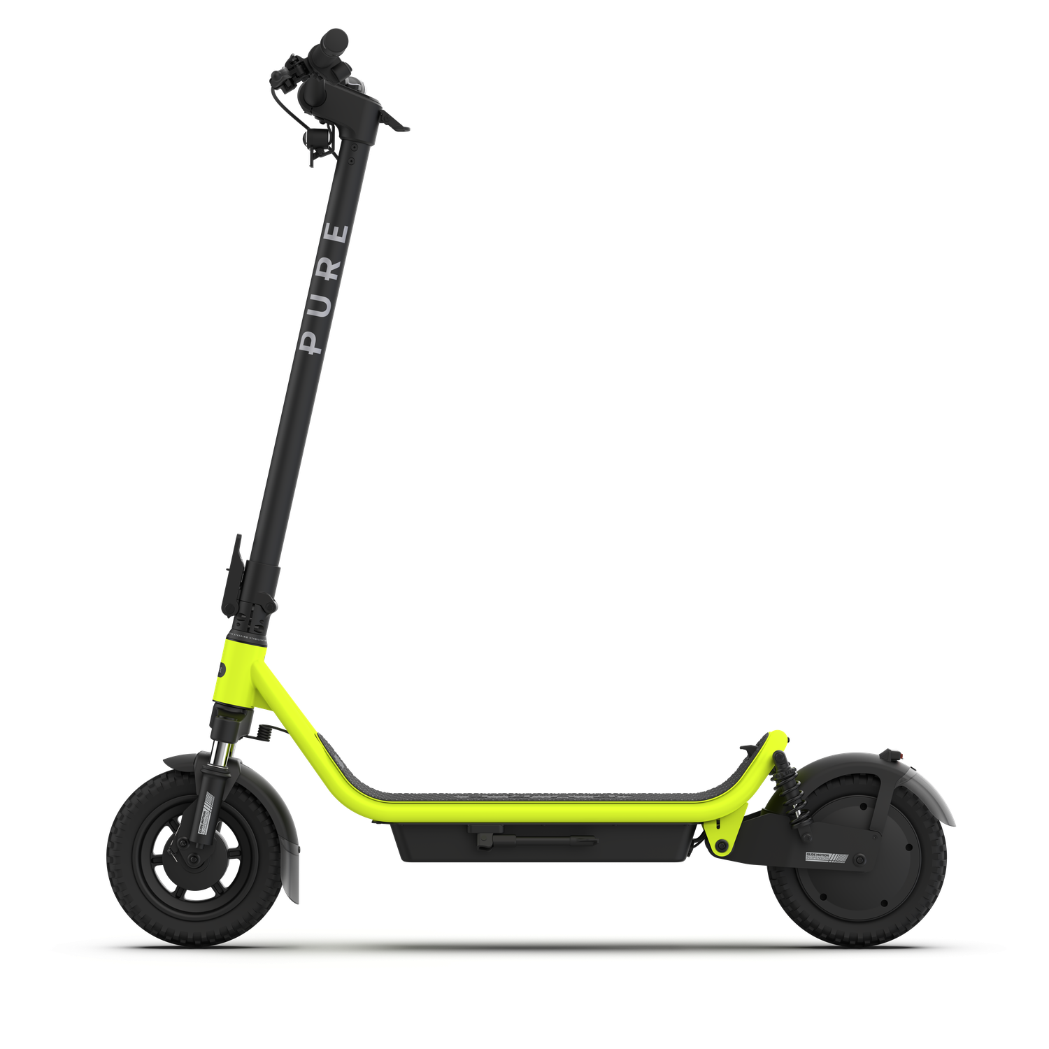 Een limoengroene en zwarte elektrische scooter met het woord "PURE" op de stuurpen. De scooter staat op een wit oppervlak met een zwarte achtergrond.