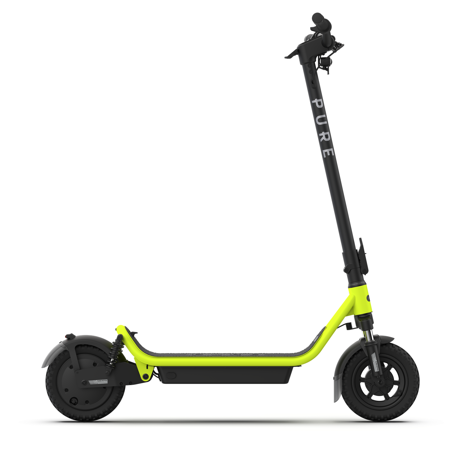 Een elektrische scooter met een zwart frame en neongele accenten. De scooter staat op een wit oppervlak tegen een zwarte achtergrond.