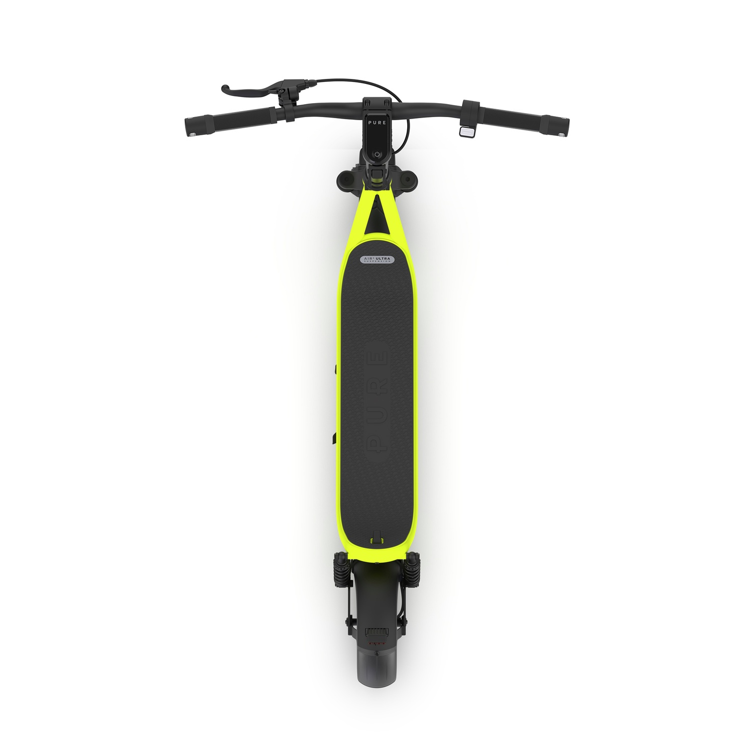 Bovenaanzicht van een neon groene en zwarte elektrische scooter op een witte achtergrond. De scooter heeft een zwart stuur en dek.