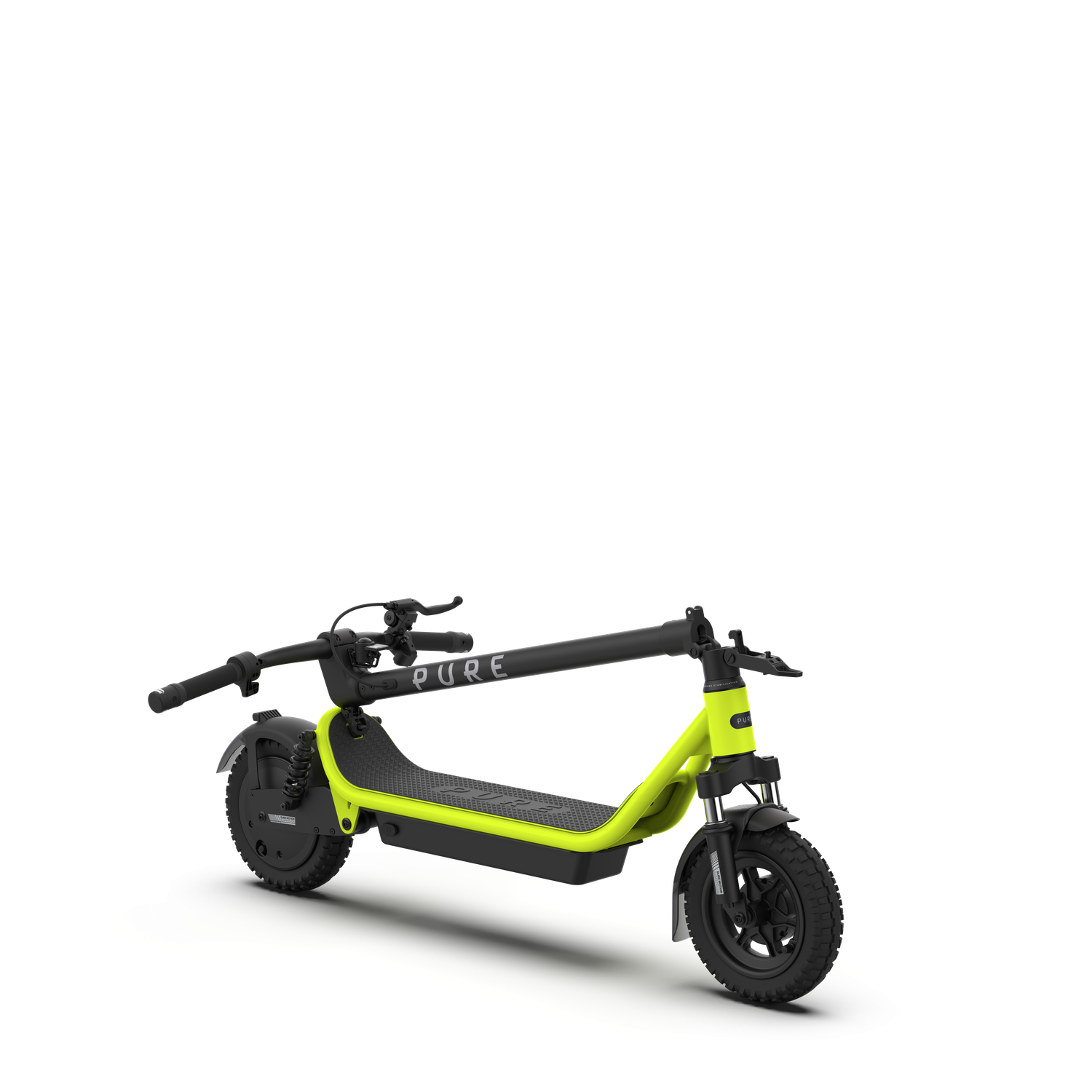 Limoengroene en zwarte elektrische scooter. Het heeft een zwart stuur en wielen, een groen frame en deck, en een zwarte batterij.