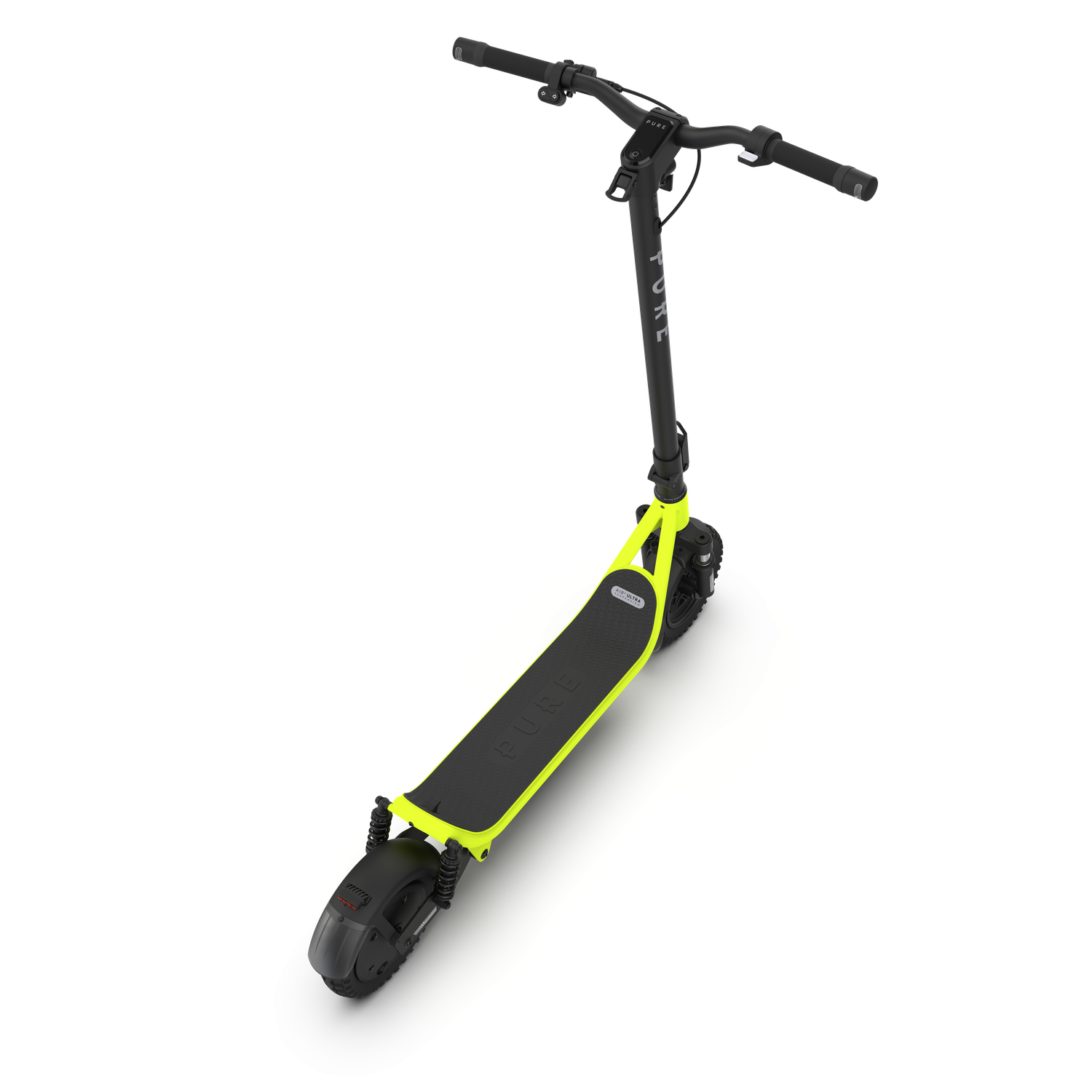 Een elektrische scooter op een witte achtergrond. Hij heeft een zwart stuur, een zwarte body en een gele omtrek.