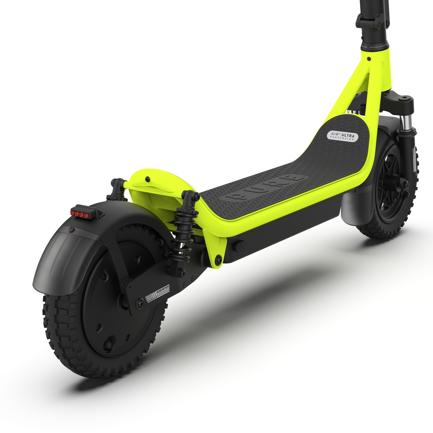 Een elektrische step met een neon groen frame en zwarte onderdelen. Het heeft een getextureerde voetplaat en grote banden, op een witte achtergrond.