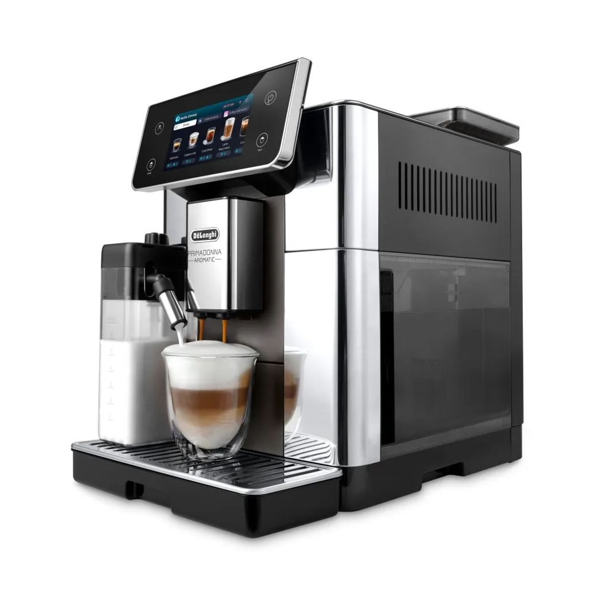 Una macchina da caffè De'Longhi con touchscreen. Un bicchiere di caffè a strati è di fronte. La macchina è nera e argento.