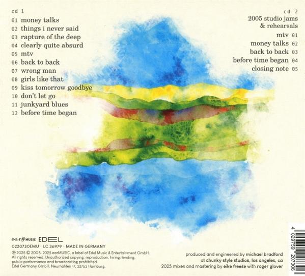 CD-Cover mit abstrakter Aquarellmalerei in Blau- und Grüntönen und Songtiteln.