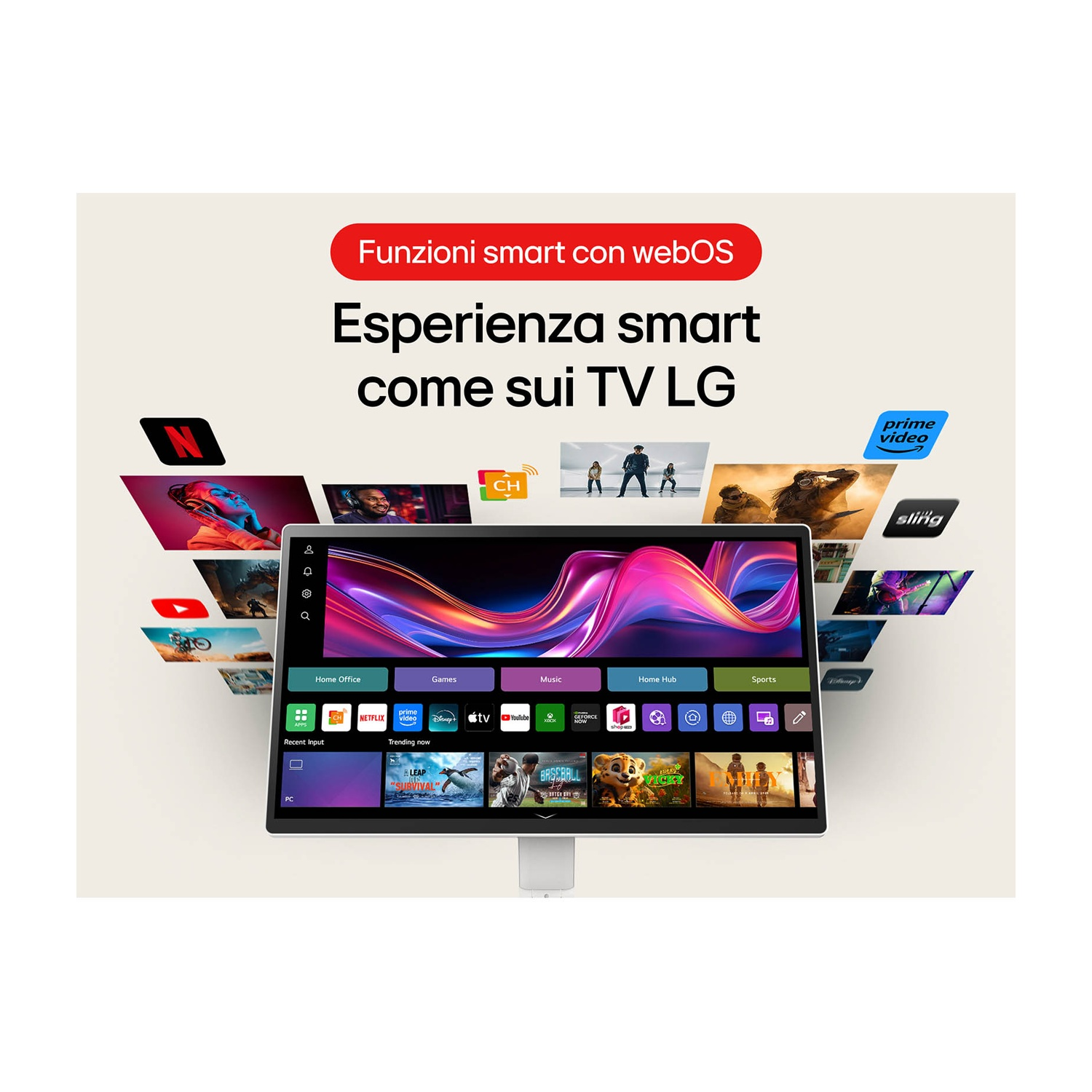 Un moderno schermo TV mostra un'interfaccia smart con varie icone di app. Lo sfondo è bianco sporco, con loghi di app fluttuanti.