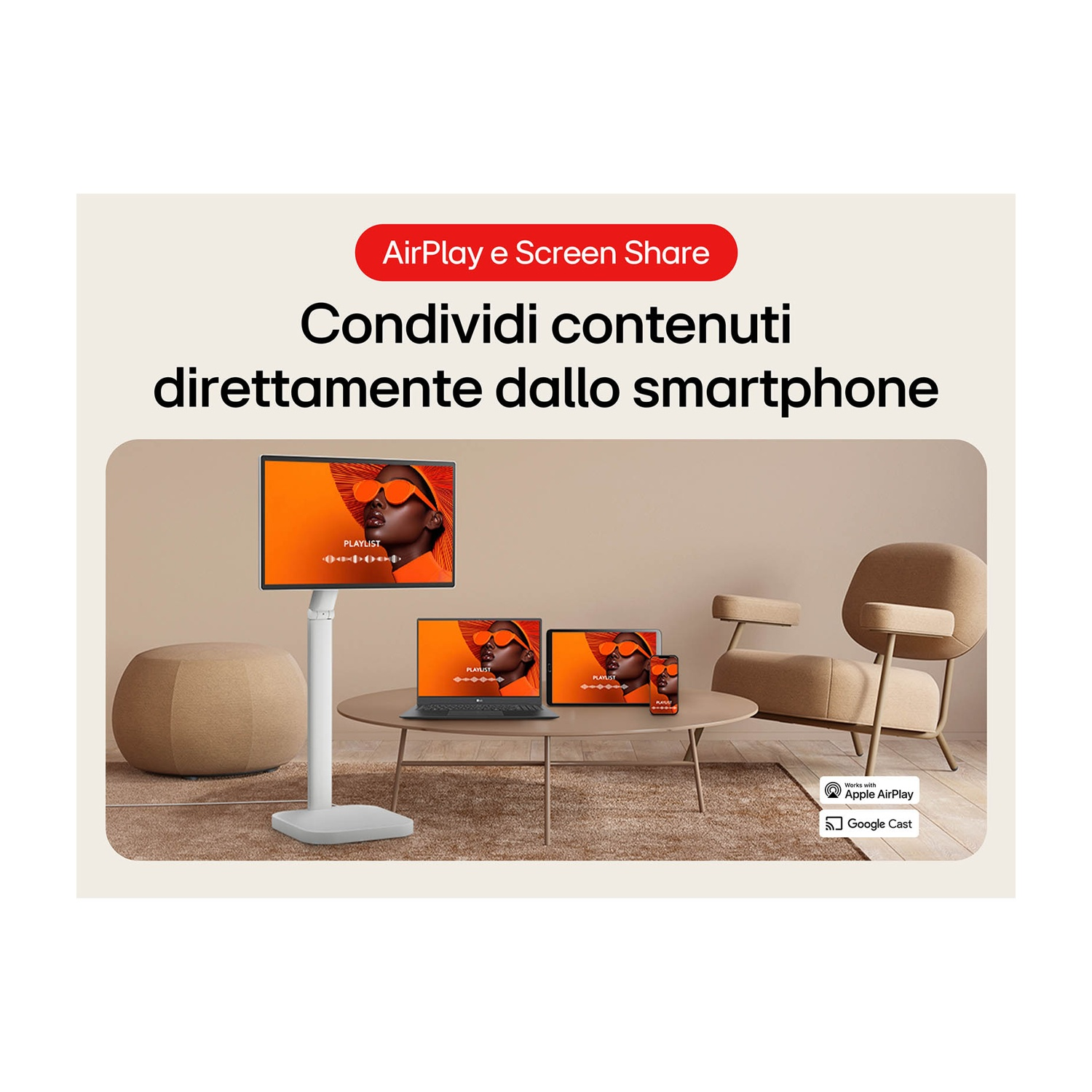 Una scena del soggiorno mostra contenuti da smartphone. TV, laptop, tablet e telefono mostrano la stessa immagine. Il testo dice AirPlay e Screen Share.