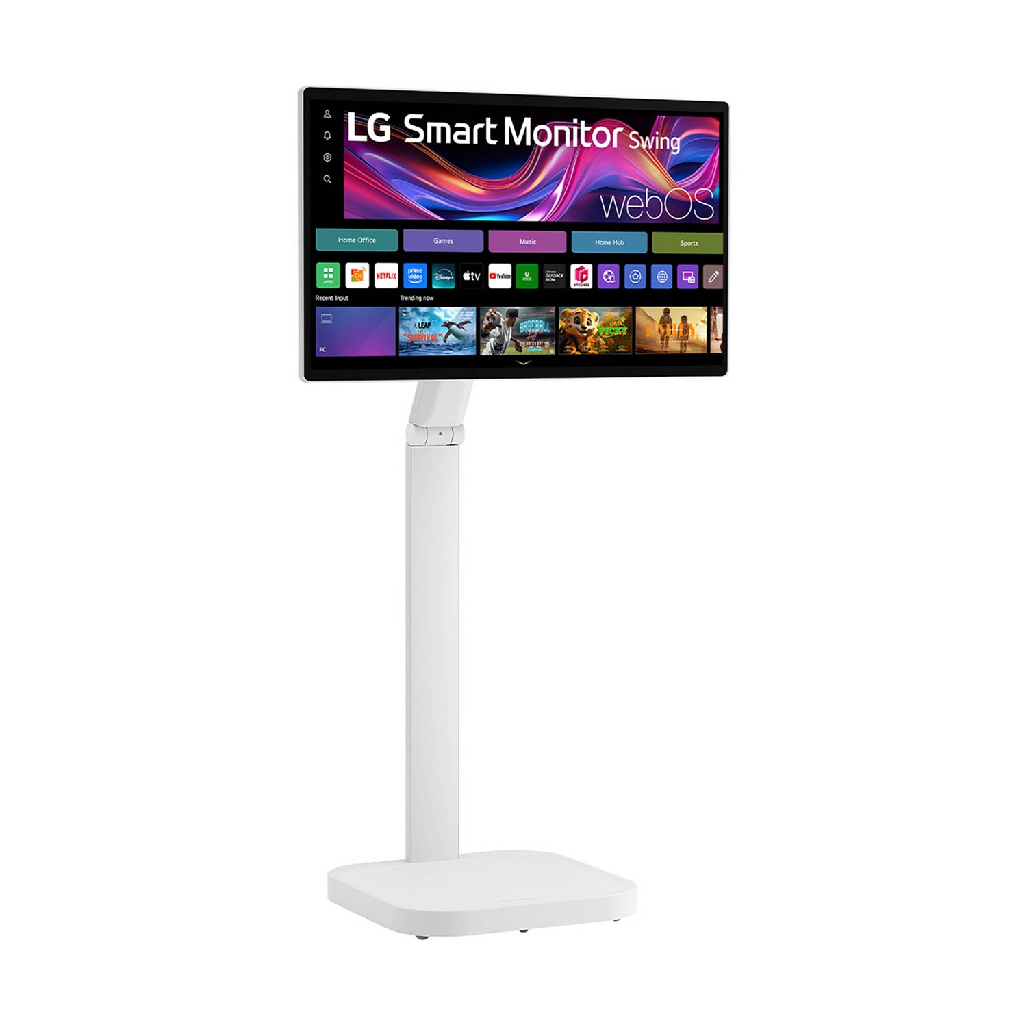 Viene mostrato un LG Smart Monitor Swing, che mostra un'interfaccia webOS. È su un supporto bianco.