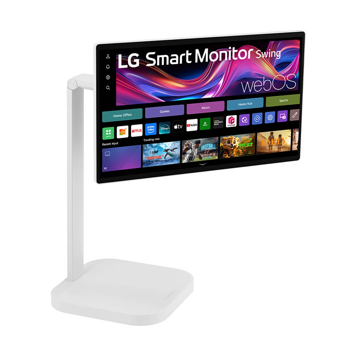 Un LG Smart Monitor Swing bianco con schermo nero che mostra un'interfaccia webOS. Il monitor è su un supporto bianco.