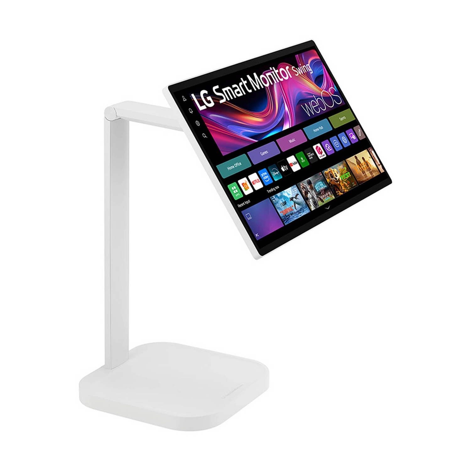 Un monitor LG Smart bianco è inclinato, mostrando l'interfaccia webOS. App e menu sono visibili sullo schermo. Anche il supporto è bianco.