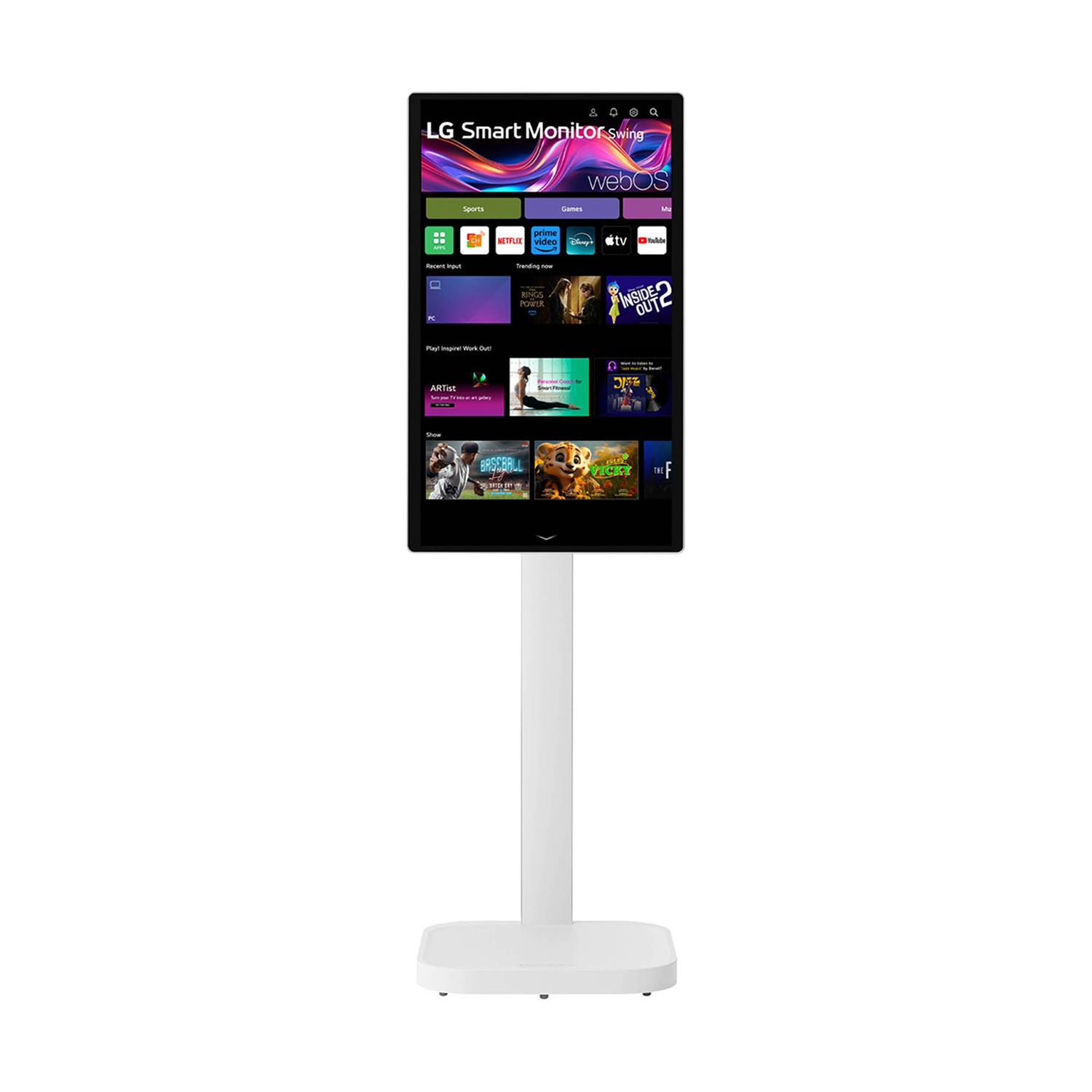 Un monitor LG Smart bianco su un supporto mostra l'interfaccia webOS. Lo schermo mostra icone di app e opzioni di streaming.