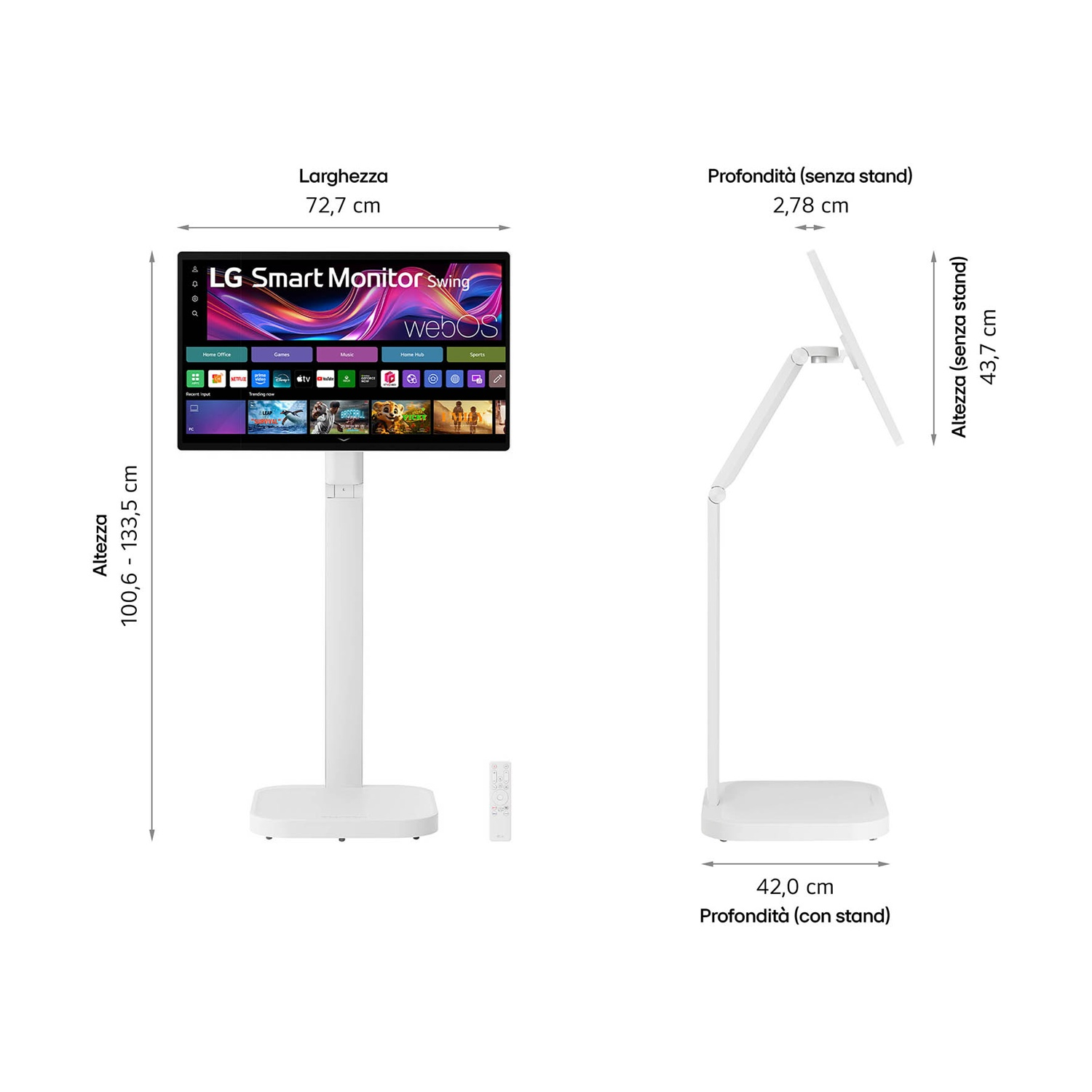Un monitor LG Smart, supporto bianco, dimensioni etichettate. Lo schermo mostra le app. Telecomando nelle vicinanze. Misure in cm.