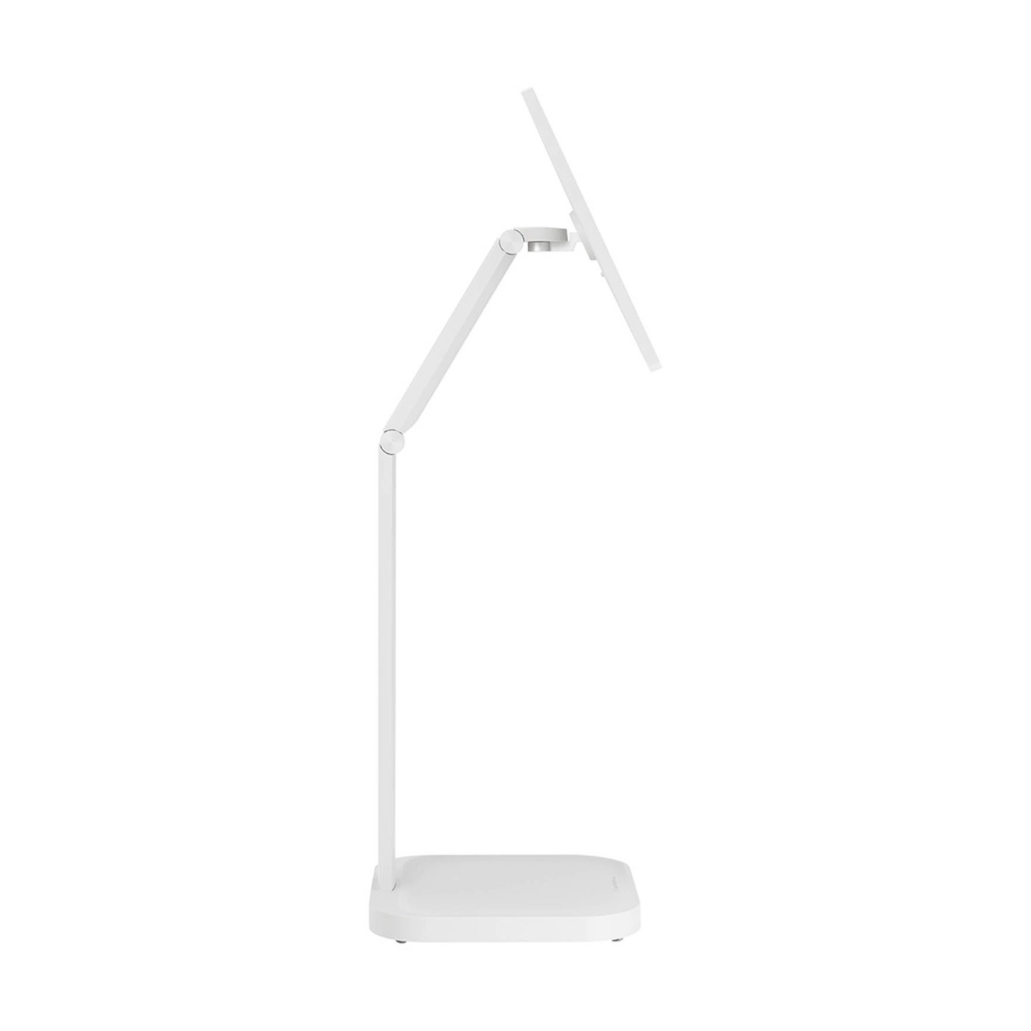 Un supporto per tablet bianco. Ha una base, un braccio verticale e un supporto angolato per tenere un tablet. Lo sfondo è bianco.