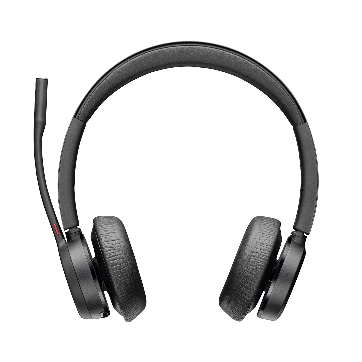 Black headset on white background. It has an adjustable headband, two earcups, and a microphone.