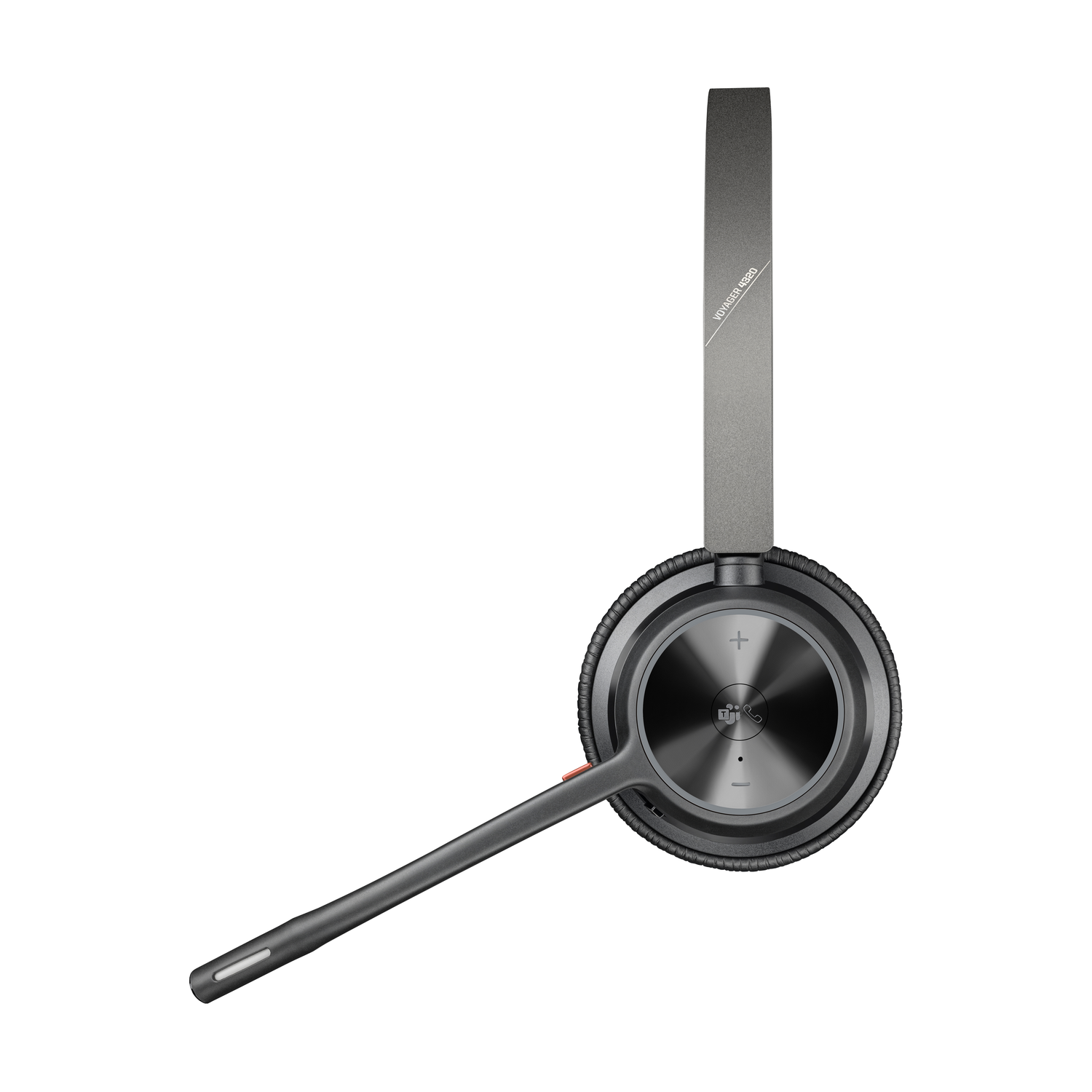 A gray and black Voyager 4320 headset. It has a microphone, ear cup, and a headband. The background is white.
