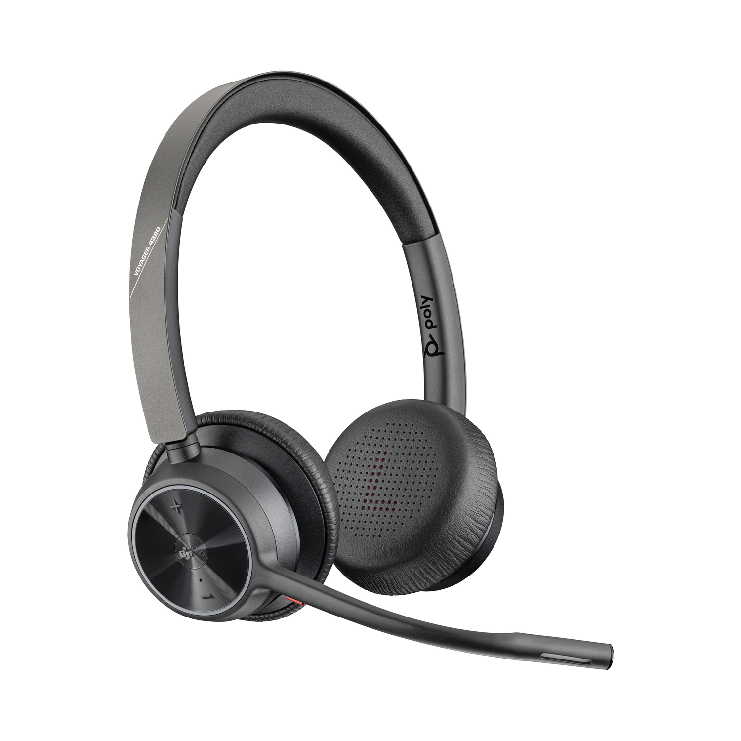 A black and gray Poly Voyager 4320 headset. It has an over-the-head design, with a flexible microphone extending from the earpiece.